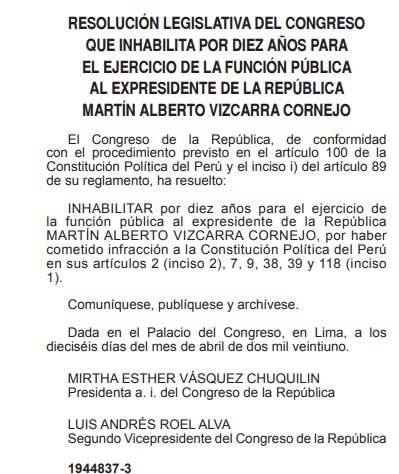 Resolución legislativa inhabilitación Martín Vizcarra