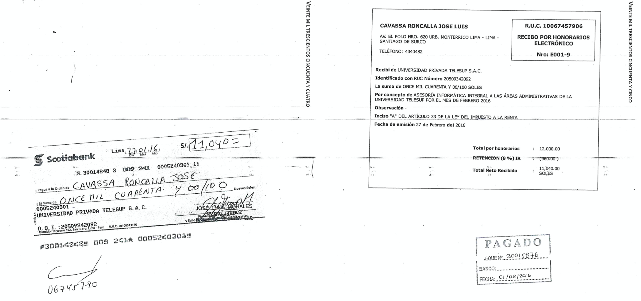 Cheque y Recibo de José Cavassa