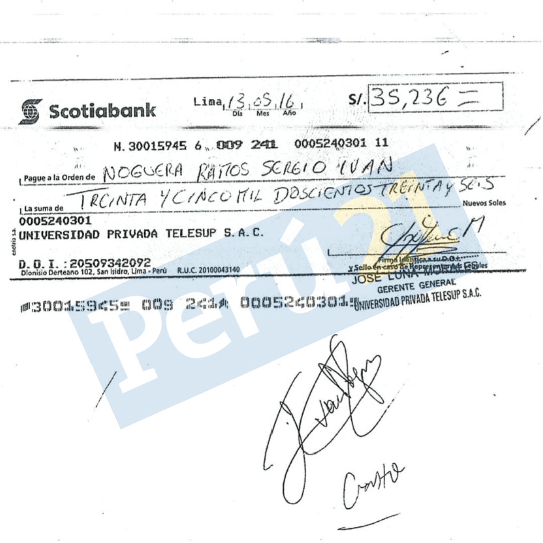 El primer cheque de Iván Noguera es del 13 de mayo de 2016. Fueron 14 en total. El pago fue de 35 mil soles, en esta oportunidad. 