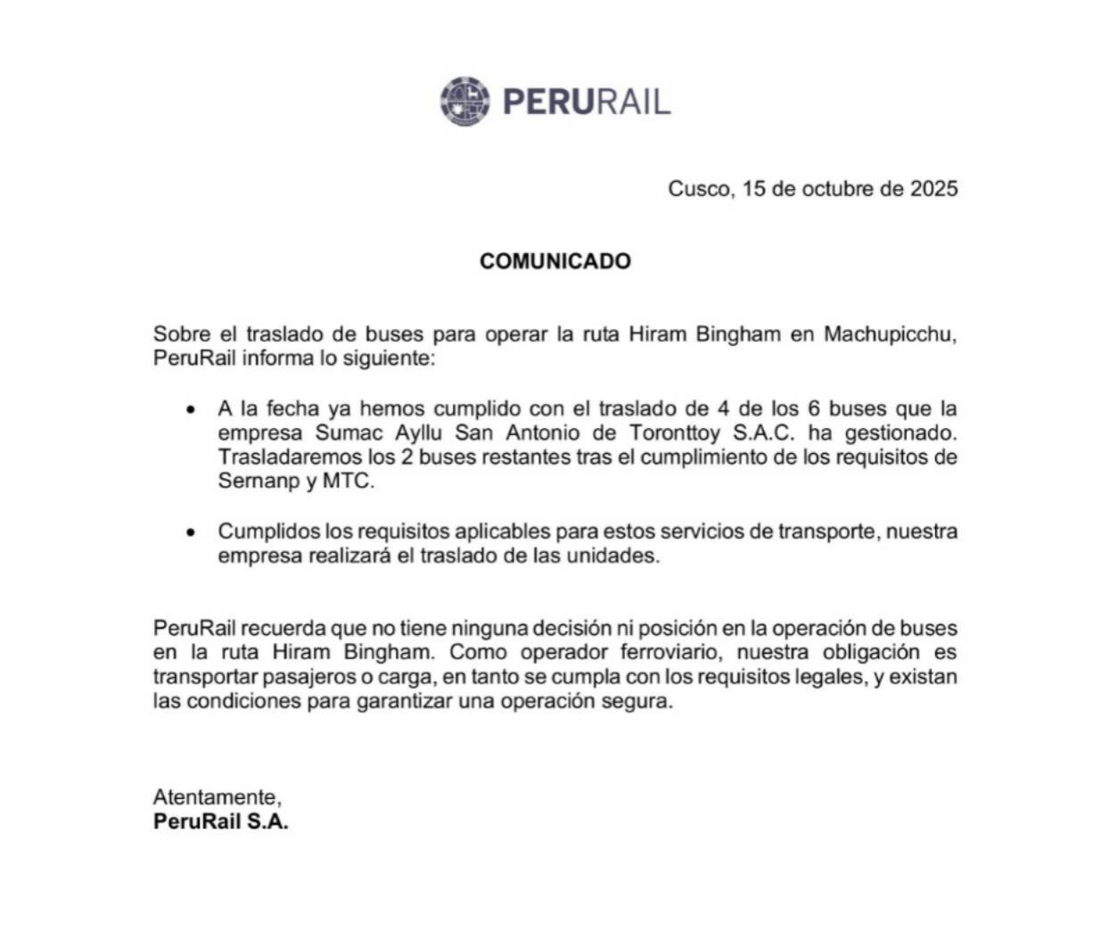 comunicado perurail
