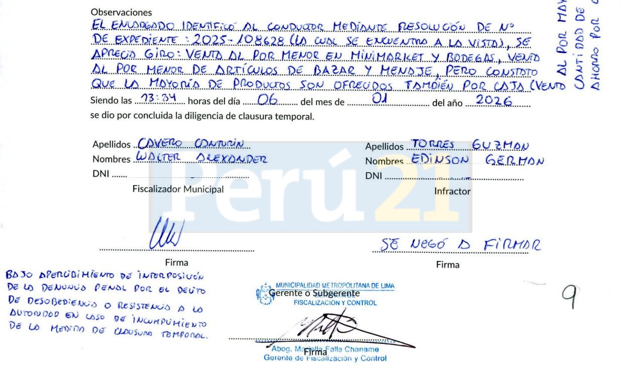 Documento con el que se clausura el local de Market Capón firmado por Edison Torres.