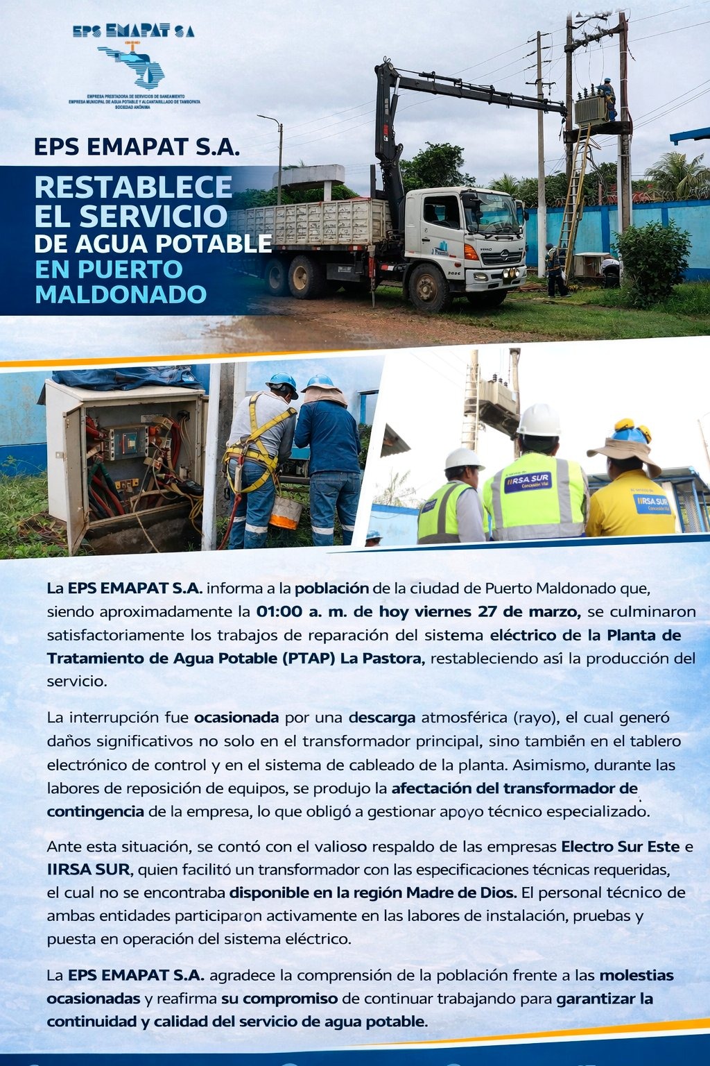 comunicado agua puerto maldonado