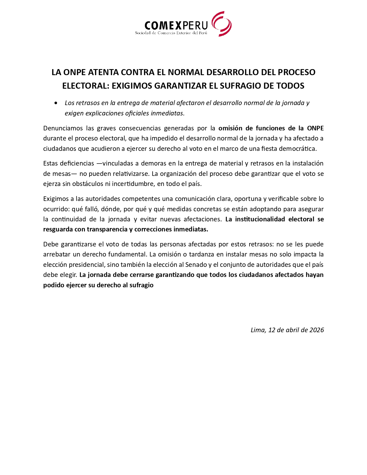 ComexPerú denuncia "atentado" contra el proceso electoral y exige garantizar el voto de los afectados