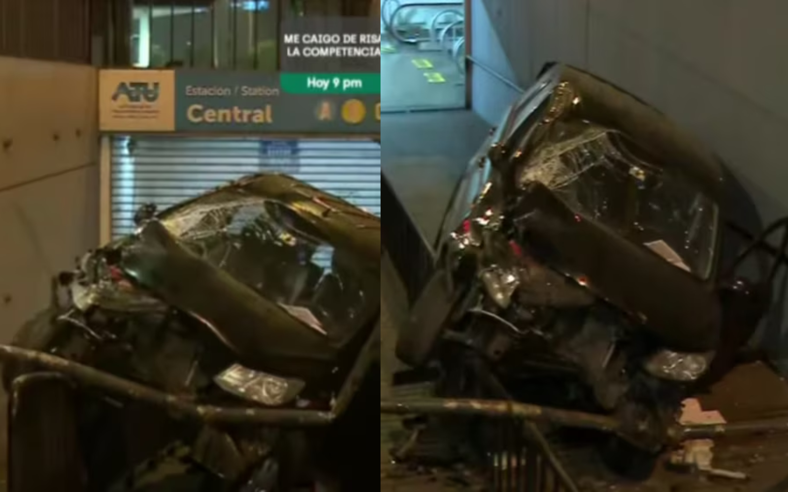 uto fuera de control destroza barandas y cae dentro de la Estación Central