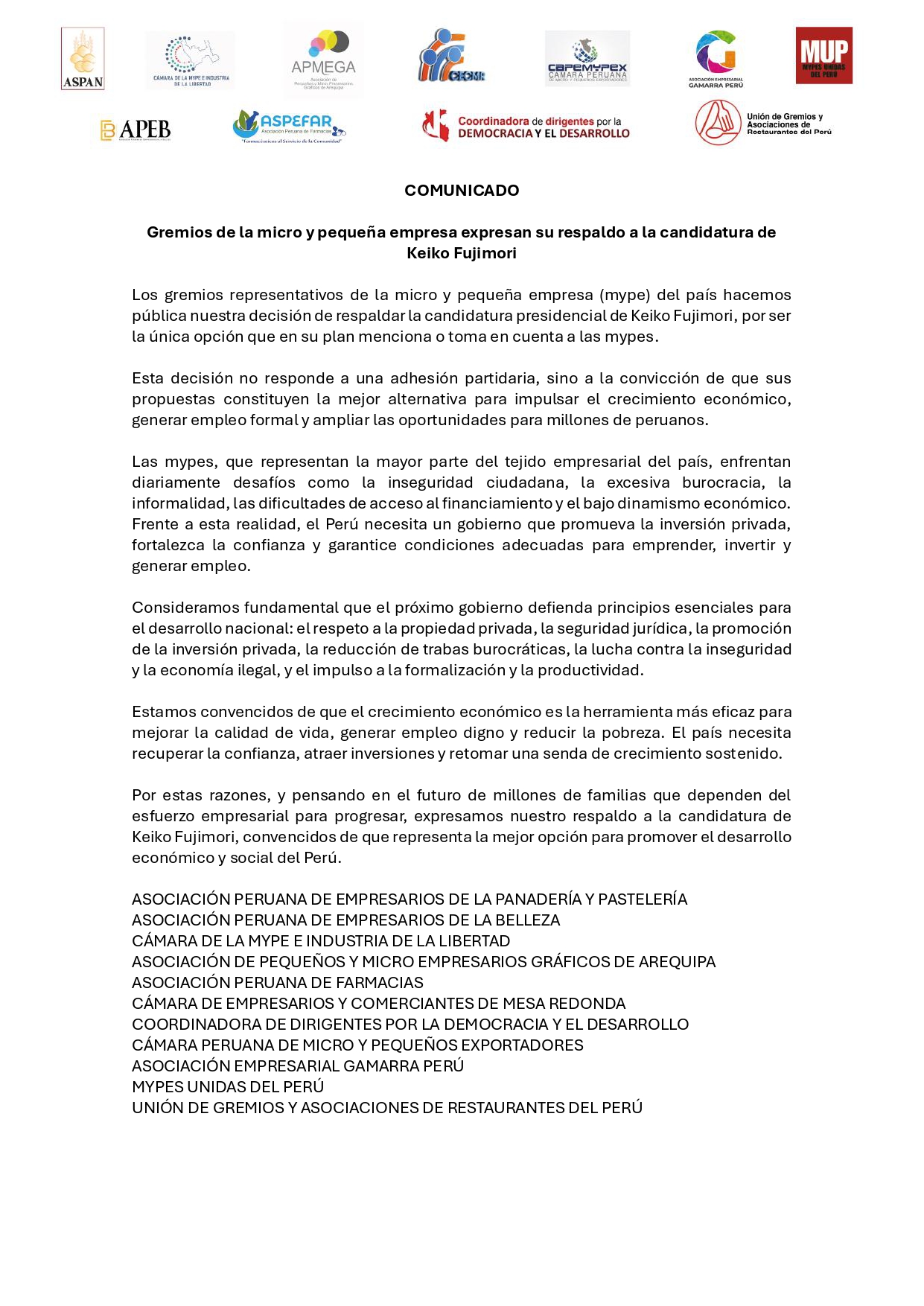 Gremios de mypes anuncian su respaldo a la candidatura de Keiko Fujimori