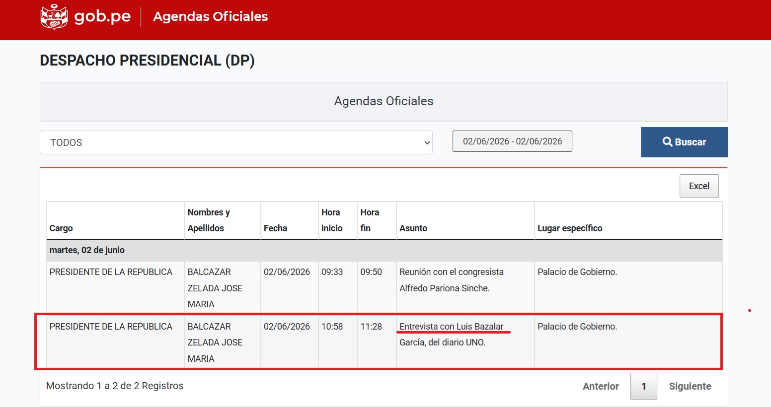 Registro de ingreso a palacio de gobierno
