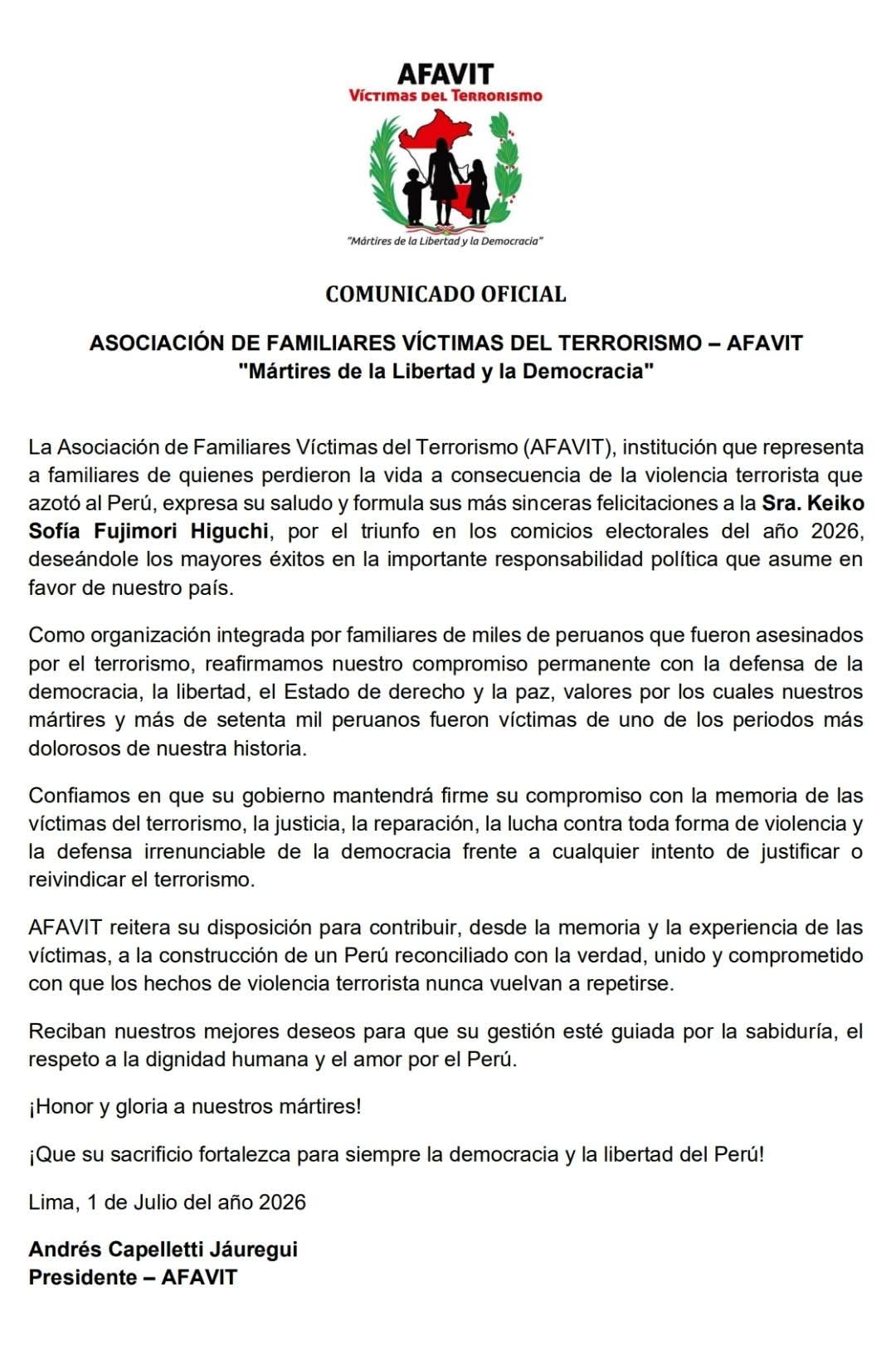 Familiares de víctimas del terrorismo se pronuncian tras la victoria de Keiko Fujimori