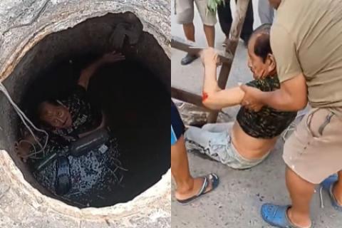 adulto mayor cae a desague