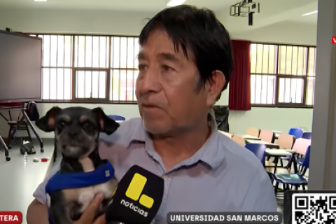 Perrita rescatada acompaña a su dueño miembro de mesa